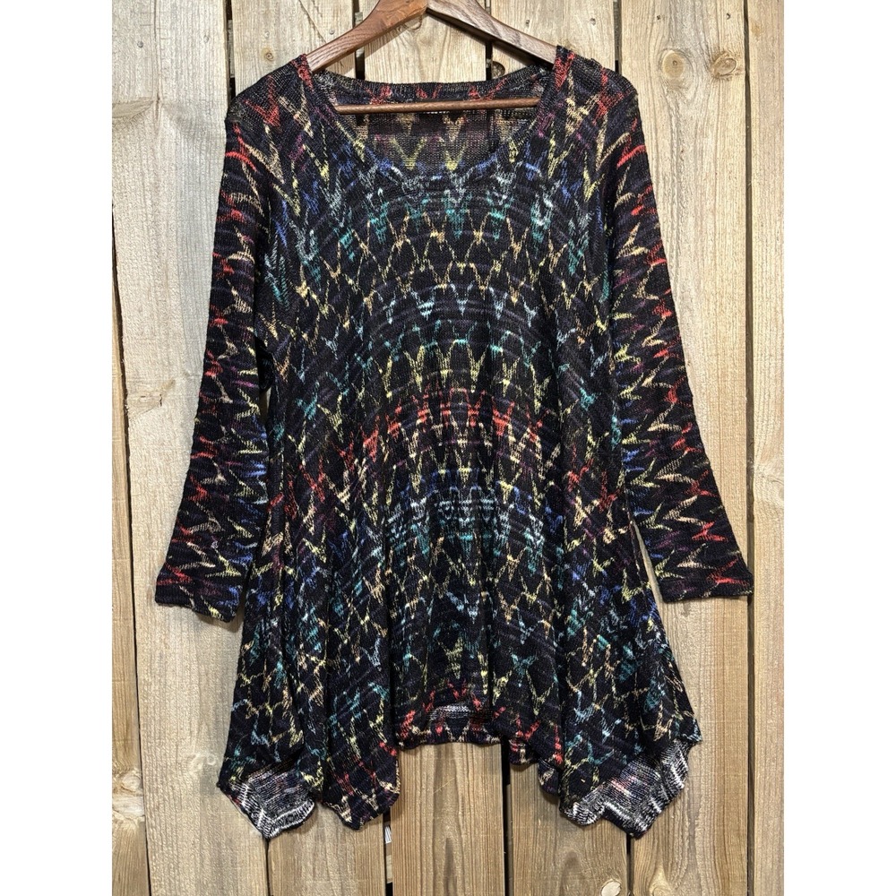 Nally & Millie USA Tunic Top XL Abstract Knit‎ Sharkbite Hem Stretch Artsy Boho